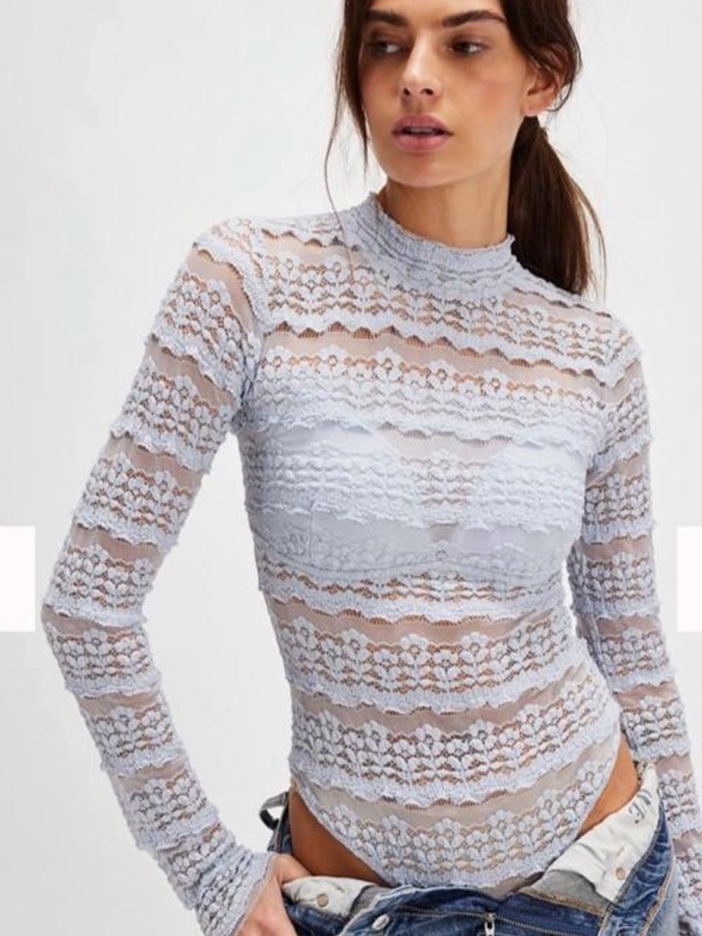 Free People Light Blue Lace Mock-Neck Long Sleeve Bodysuit